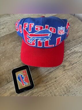 Vtg Buffalo Bills Hat Spell Out Script All Over Logo Football Snap Back Lighter